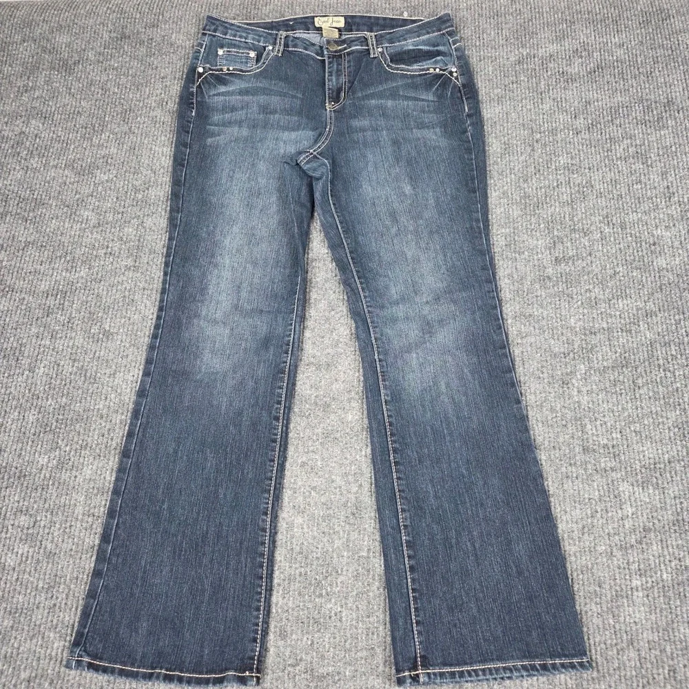 Earl Jean Women 12 Dark Wash Bootcut Rhinestone Wing Embroidered Pocket Jeans